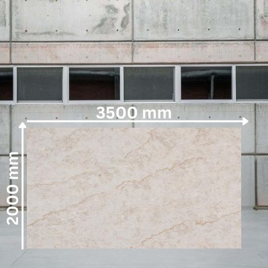 tGiant slab of Taj Mahal Highlands Quartz measuring 3500 mm by 2000 mm, creamy white base with dramatic gold and beige veins, displayed in warehouse setting