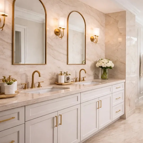 Taj Mahal Highlands Quartz bathroom vanity in creamy white with gold veins, featuring white cabinets, gold fixtures, arched mirrors and floral arrangement in an elegant modern bathroom