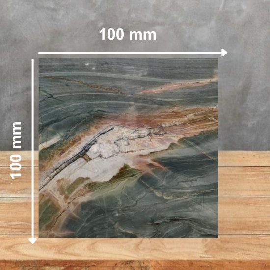 100 mm x 100 mm sample of Green Maestro Quartzite showing multi-coloured green, white, pink and gold veining