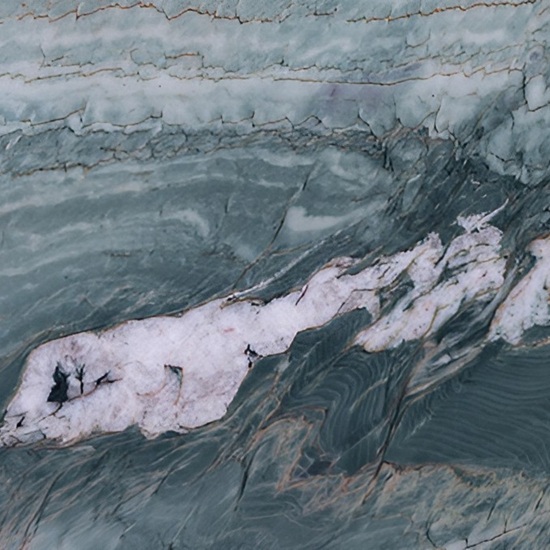 Swirling macro pattern of Green Maestro Quartzite with green, white and grey veins