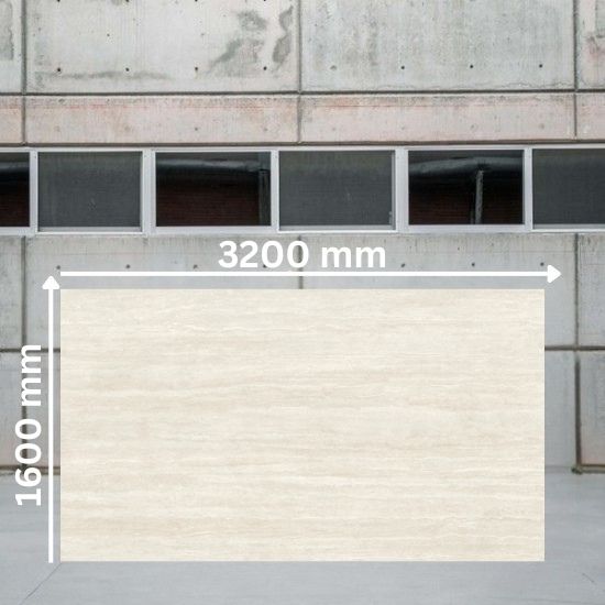Large slab of Sapienstone Travessa measuring 3200 mm by 1600 mm, light beige travertine-effect with linear veining, displayed in warehouse setting