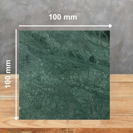 100 mm square sample tile of Verde India Marble in deep emerald green with white and grey veining, displayed on wooden surface