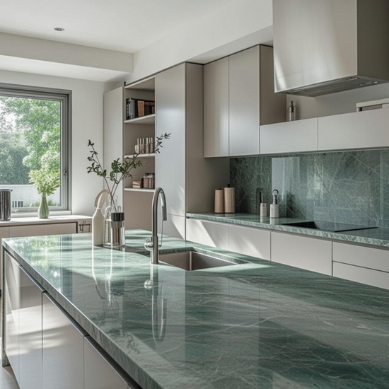 Luxurious kitchen island in Verde India Marble with deep emerald green and dramatic white veining, warm pendant lighting and neutral cabinets
