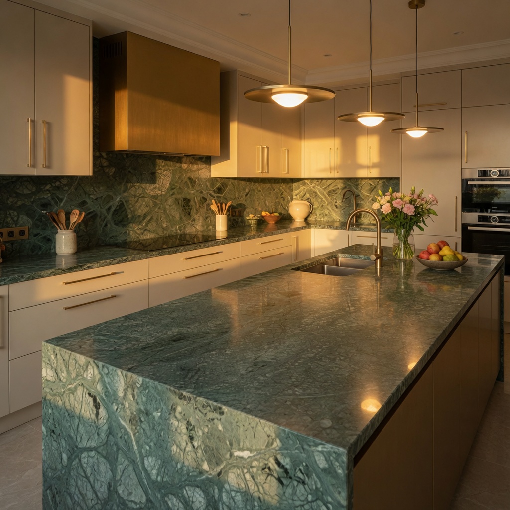 Verde India Marble kitchen island and worktops in deep emerald green with white veining, paired with light grey cabinets in a bright modern kitchen