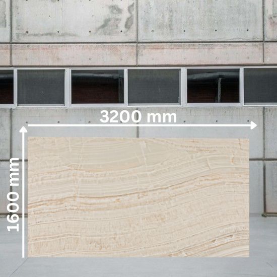 Large format 3200mm x 1600mm Caesarstone Onyxa slab shown outdoors, demonstrating the generous size available for seamless kitchen islands and feature walls.